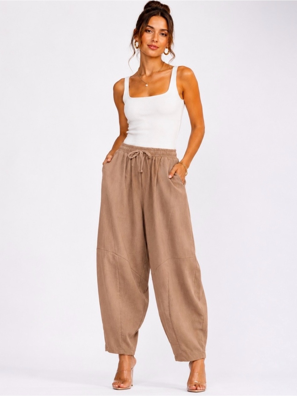 NWT Relaxed Drawstring Waist Wide-Leg Linen Blend Harem Pants in Mocha Size M
